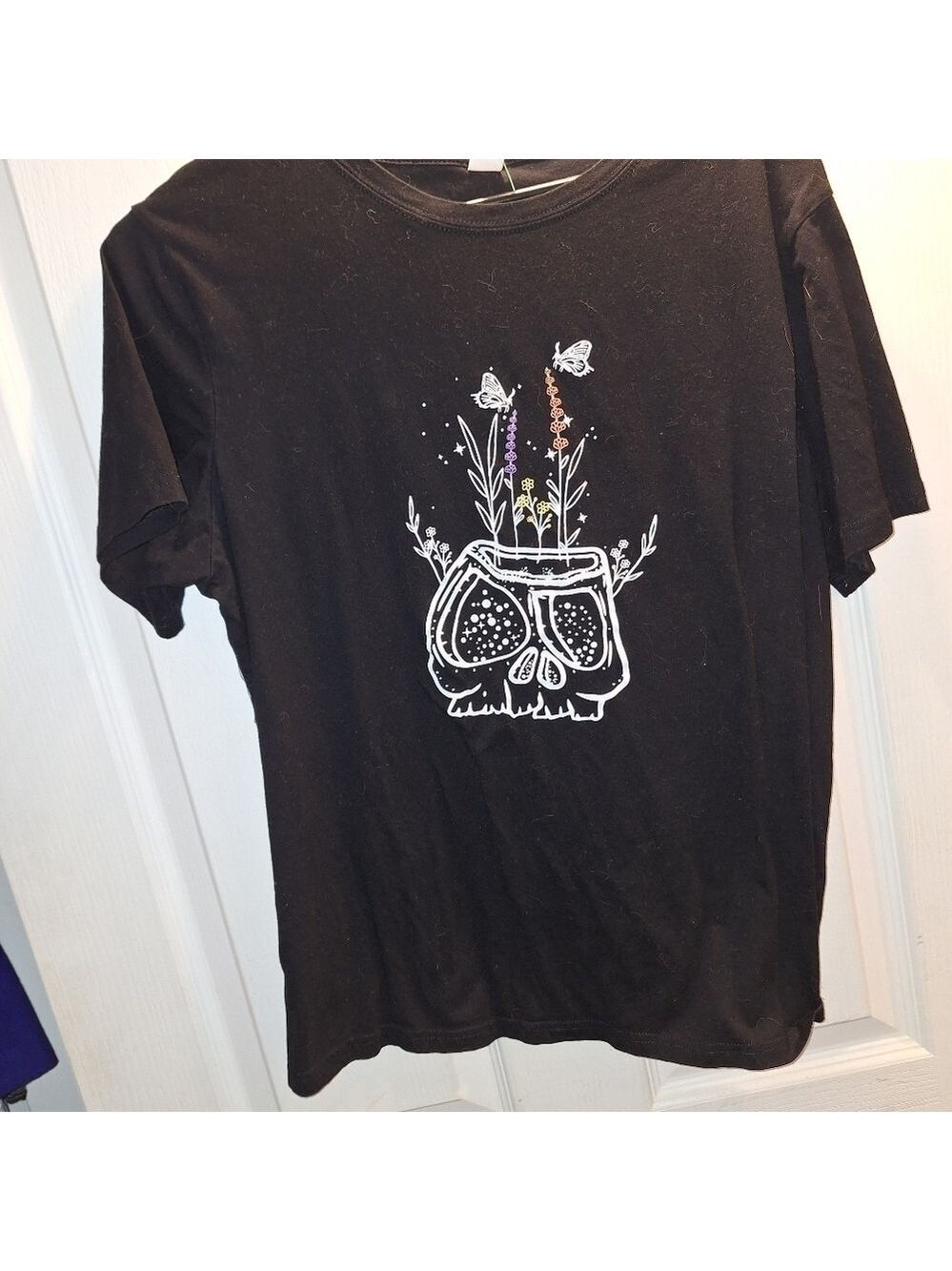 RomWe Black Graphic T-Shirt Owl and Butterflies Gothic